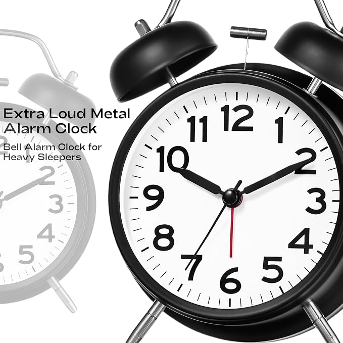 AKCISOT Loud Alarm Clock for Heavy Deep Sleepers, 4.5 Inches Analog Metal Twin Bell Clocks Battery Operated with Backlight for Bedroom Bseide, Old Fashioned for Desk Home Decoration (Black White)