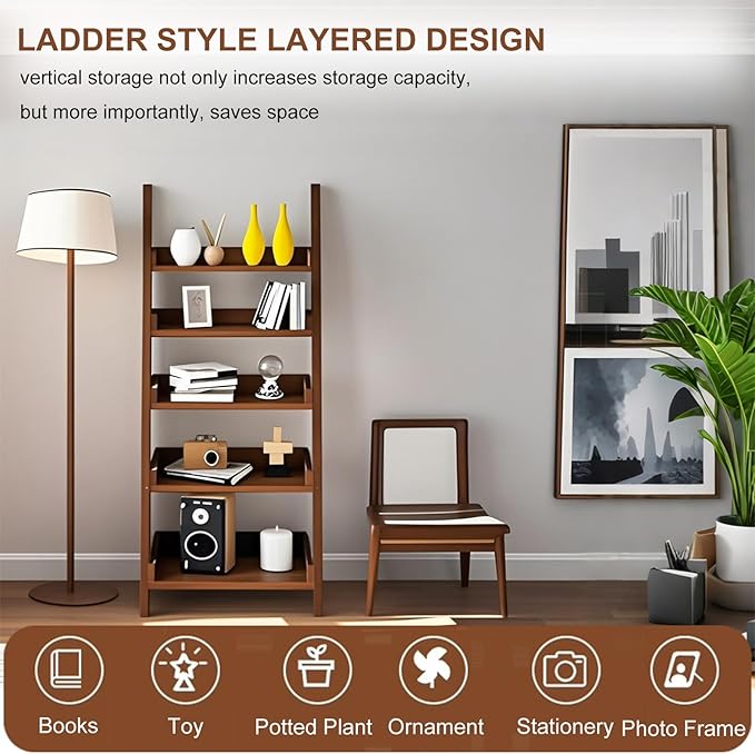Ladder Shelf Bookcase, 5 Tier Walnut Wooden Ladder Bookshelf, Space-Saving Freestanding Storage Rack for Living Room, Home Office and Bedroom, 55.1" H