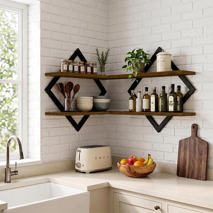 Geometric Floating Shelves Set of 2, Rustic Wall Shelves for Bedroom, Living Room & Apartment Decor, Wood & Metal Farmhouse Display Shelf for Plants, Picture Frames & Small Decor, 15 Inch
