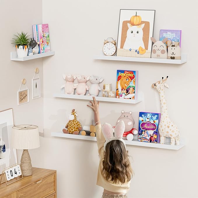 Heimlove 24 inch Picture Ledge Shelf Set of 8,Long Floating Shelves for Wall,White Picture Shelf with Lip for Wall Decor,Living Room Bedroom Bookshelf Photo Frames Nursery Book Shelves for Storage