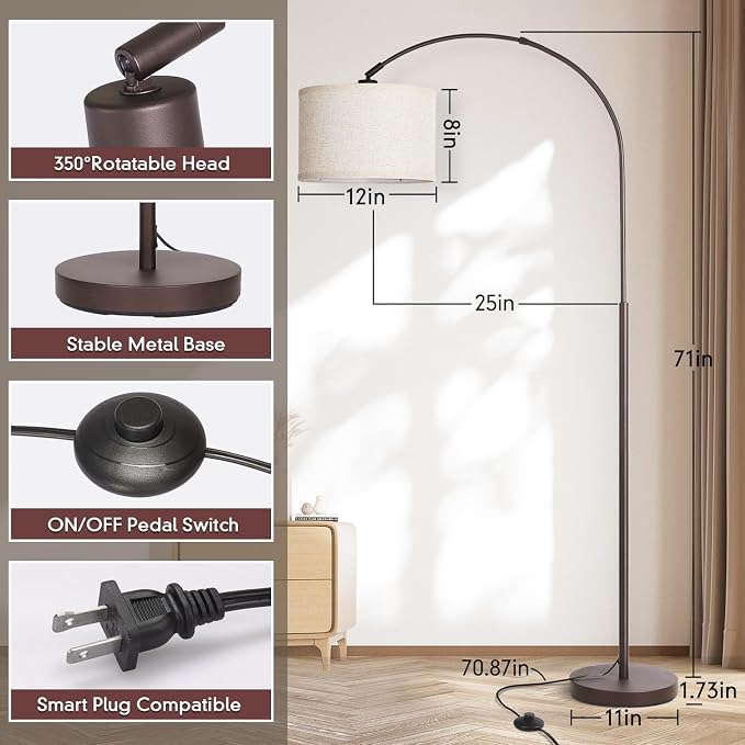 Seaside village Floor Lamp for Living Room, Arc Lamp with Adjustable Head, Modern Tall Lamp with On/Off Pedal Switch, Over Couch Standing Hanging Light for Reading, Bedroom, Office (Brown)