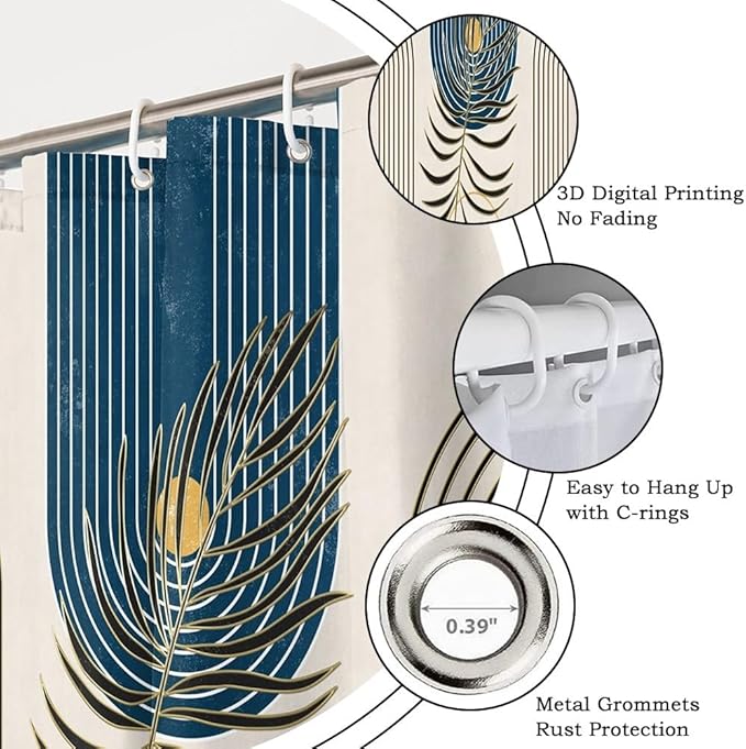 Mid Century Boho Shower Curtain for Bathroom Modern Abstract Minimalist Bathroom Decor Set Plant Leaves Arch Sun Bathtub Curtains Machine Washable Waterproof Polyester Fabric with Hooks 70x72 Inch