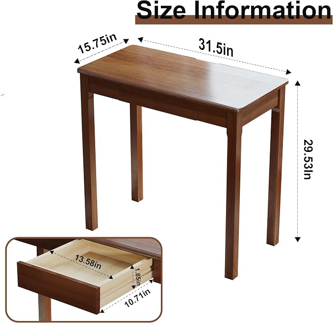 Solid Wood Desk with Drawers - 31.5" Narrow Desks for Small Spaces, Mid Century Modern Desks, Small Wooden Vintage Computer Writing Desk, Study Table for Home Office Bedroom, Walnut
