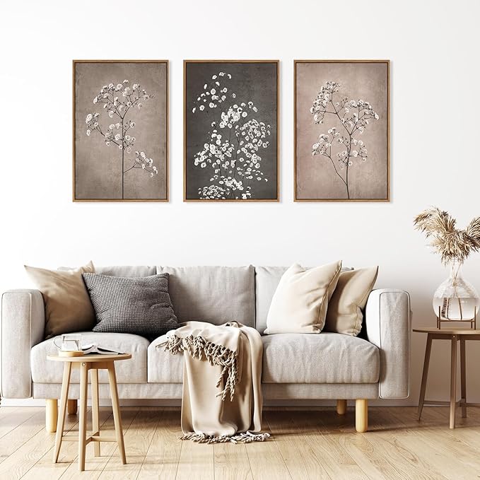 FWIEXA 3 Piece Neutral Canvas Wall Art for Bedroom Living Room, Framed 16x24 Inches Botanical Prints Set, Minimalist Wildflower Wall Decor, Large Modern Plant Painting
