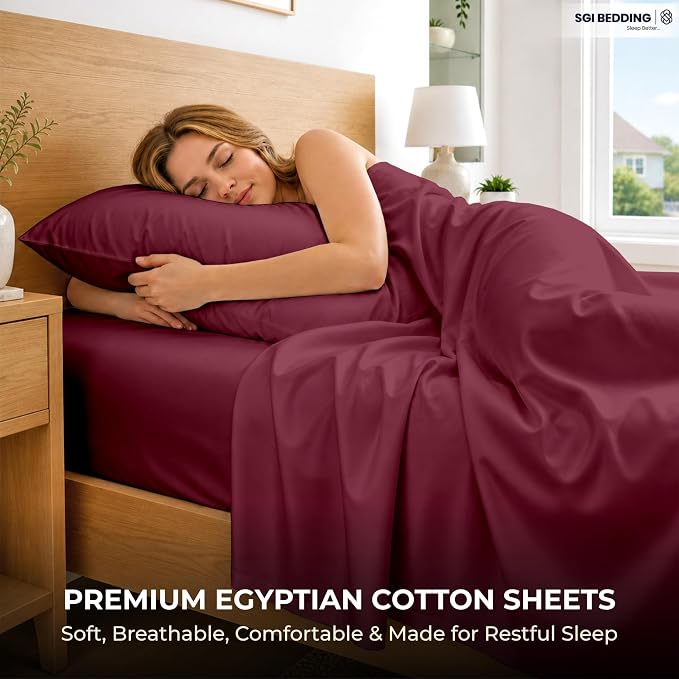 SGI bedding RV Short Queen Sheet Set 60x75, 600 TC Egyptian Cotton, 4 Piece Luxury Hotel Collection, Ultra Soft & Breathable, Fits RV Mattress Camper & Trailer, 15 Inch Pocket, Burgundy