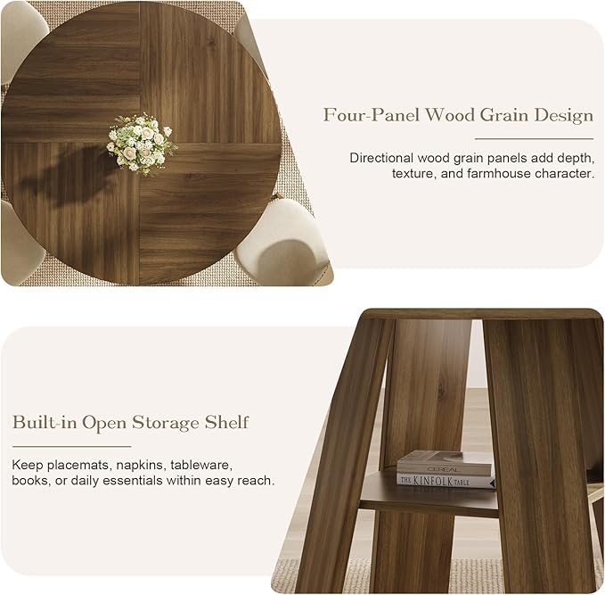 47.2" Round Dining Table for 4-6, Circle Kitchen Table with Open Storage Shelf, Farmhouse Dinner Table with Cross Pedestal Base for Dining Room, Kitchen, Living Room, Walnut