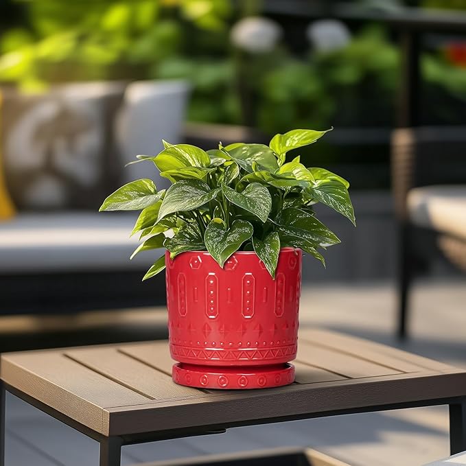 Eightpot 6 Inch Plant Pot, Ceramic Flower Pots for Indoor Outdoor Plants, Round Pots for Plants with Drainage Hole and Tray, Boho Decorative Planter, Kitchen Decor, Gardening Gifts for Women, Red