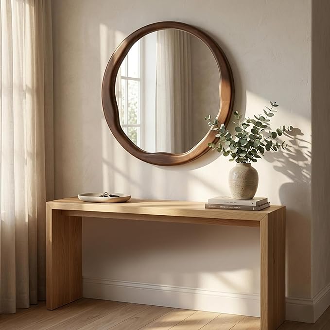 Round Dark Wood Mirror 30 Inch, Large Asymmetrical Wavy Frame Wall Mirror for Foyer, Fireplace, Solid Wood Irregular Luxury Decor