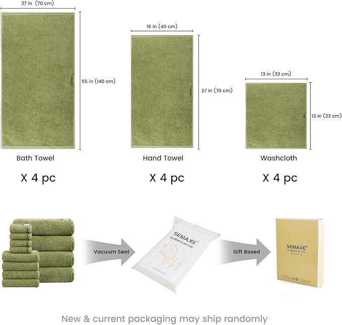 SEMAXE 12-Piece Family Bathroom Towel Set - 100% Cotton, 4 Bath Towels, 4 Hand Towels, 4 Washcloths, Ultra-Soft and Super Absorbent, Lighter Weight