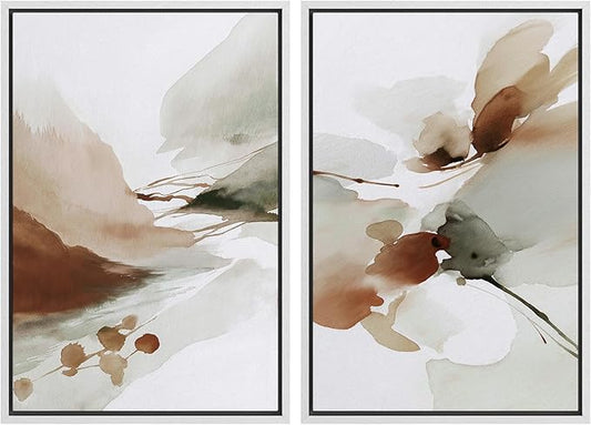 IDEA4WALL Framed Canvas Print Wall Art Set Earth Tone Watercolor Abstract Minimalist Nature-Inspired Illustrations Modern Art Decorative Calm/Zen for Living Room, Bedroom, Office - 24"x36"x2 White