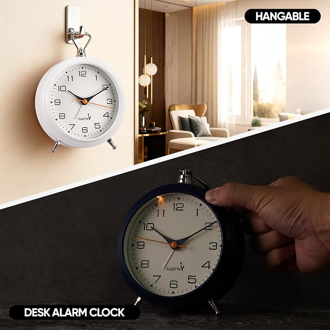 FLOITTUY 4.5" Battery Operated Antique Retro Analog Metal Alarm Clock, Silent Bedside Desk Clock, Wall-Hanging Vintage Clock(White)