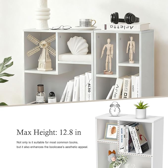 VECELO 3-Tier Small Bookcase, 4 Cube Bookshelf with Height Difference Shelves for Most Books, Modern Floor Standing Unit, Each Shelf Hold Up to 66 LBS for Living Room Bedroom, Pearl White