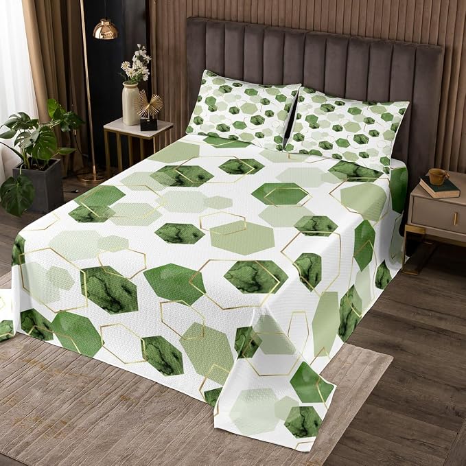 Erosebridal Sage Green Modern Quilt Set Queen - Marble Grain Geometric Coverlet Set, Fresh Abstract Geometric Art Decor Quilts for Boys Girls Watercolor Hexagon Bedspreads with 2 Pillowcases