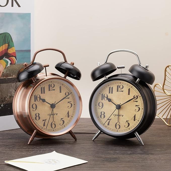 Rjuwurv 4" Twin Bell Alarm Clock with Night Light - Desk & Bedroom Alarm Clock (Black)