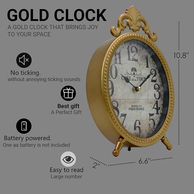 Vintage Gold Table Clock, Retro Oval Desk Clock with Romanesque Frame, Silent Non-Ticking Decorative Clock for Living Room Bedroom Office, Elegant Gift for Home Décor Lovers