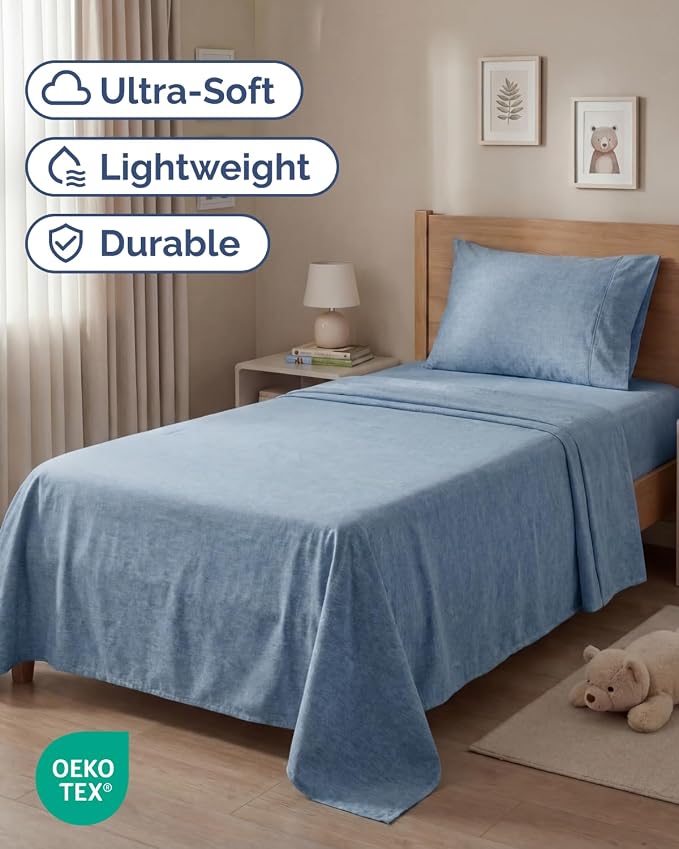 Twin Size 3 Piece Sheet Set - Comfy Breathable & Cooling Sheets - Hotel Luxury Bed Sheets for Women & Men - Deep Pockets, Easy-Fit, Soft & Wrinkle Free Sheets - Heathered Blue Oeko-Tex Bed Sheet Set