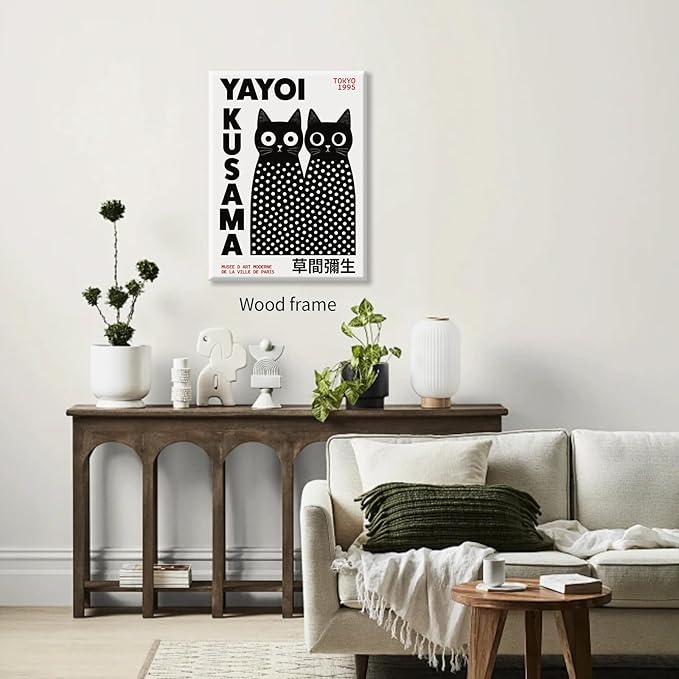 Black and White Cute Abstract Cat Wall Art Japanese Yayoi Kusama Canvas Poster 16X24 inch Framed Modern Fashion Minimalist Painting for Living Room Wall Decor Cat Lover Gifts