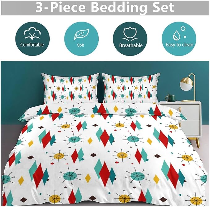 Mid Century Bedding Set,1950s 1960s Vintage Modern Geometric Abstract Atomic Stars Geometric Diamond Pattern Comforter Set with Pillowcase for Bedroom Bed Decor，Twin 86"x70"