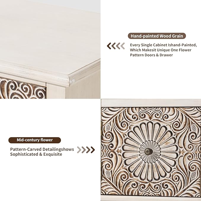HOMPUS Farmhouse 3-Drawer Dresser with Flower Pattern, Night Stand with 3 Storage Drawers, Fully Assembled Nightstand for Boho, Accent End Table, Chest of Drawers for Entryway, Bedroom, Distress White