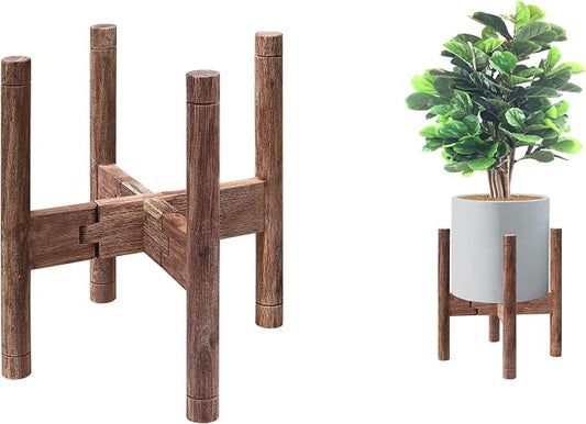 Adjustable Plant Stand for 8-12″ Pots – Solid Acacia Wood Mid-Century Modern Indoor/Outdoor Planter Holder with Stainless Steel Screws – Antique Brush Brown (Pot & Plant Not Included)