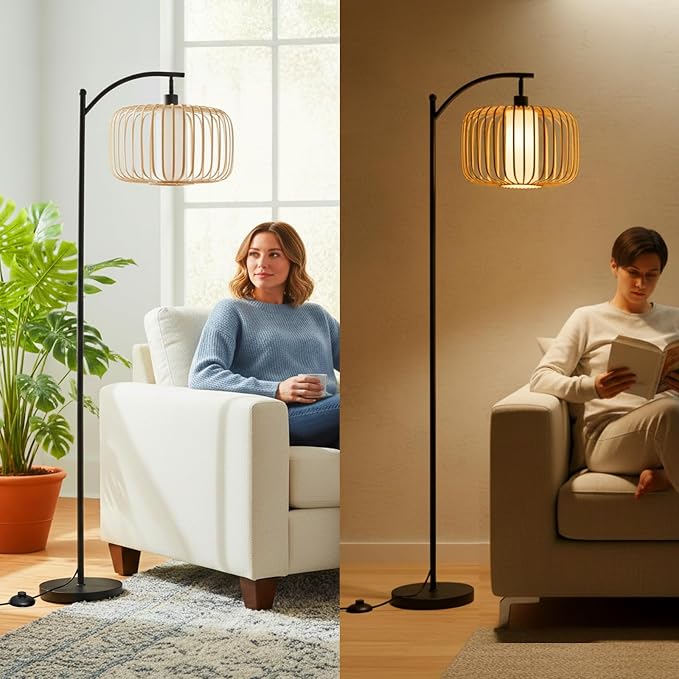 LALISU Floor Lamp for Living Room, Dimmable Standing Lamp Tall with Linen Shade Modern Floor Lamps Pull Chain Switch Reading Lamp for Living Room Bedroom Office Dining Room, 9W Bulb Included (Brown)