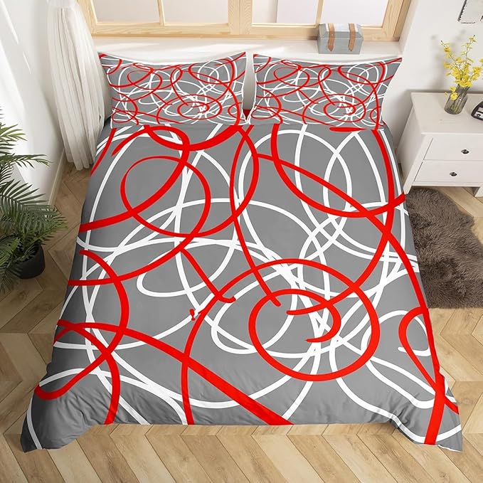 Feelyou Geometric Comforter Cover Stripe Line Bedding Set Red Grey White Duvet Cover for Kids Boys Girls Modern Retro Swirl Microfiber Bedspread Cover Luxury Twin Size (No Comforter)
