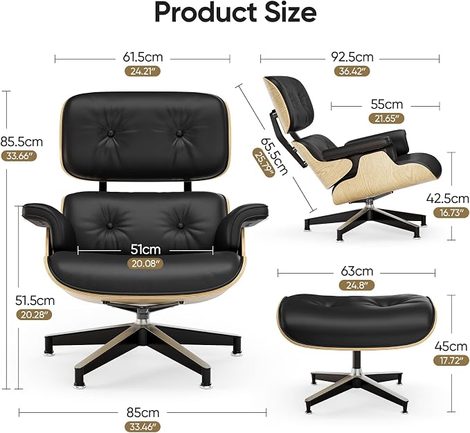 Top Black Grain Leather, Mid Century Chaise Lounge Chair and Ottoman, Modern Chair Classic Design, Ash Wood, Heavy Duty Base Support for Living Room Office