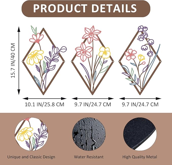 cape leadwort 3 Pcs Metal Flower Wall Decor, Minimalist Floral Wall Hanging Art, Abstract Line Floral Wall Art Sculpture for Bedroom Bathroom Living Room Kitchen Dining Room Office Hotel (Colorful)