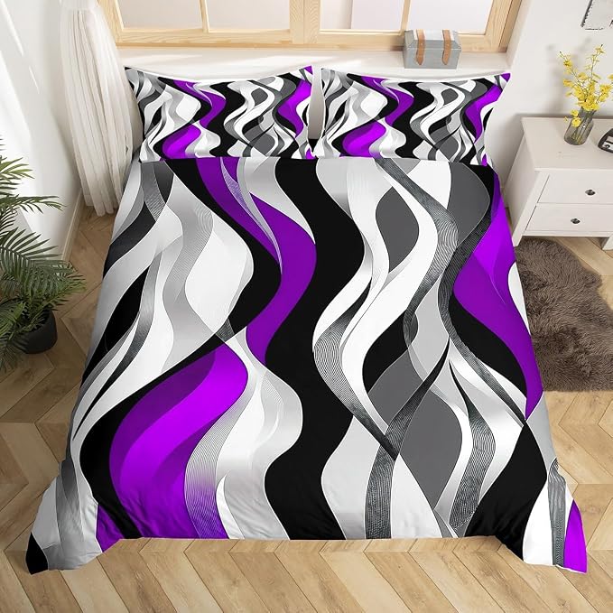 Purple Black Stripes Duvet Cover Set Full Size,Minimalist Geometric Striped Waves Bedding Set,Boys Girls Room Decor,Modern Abstract Simple Comforter Cover,Chic Quilt Cover,2 Pillowcases(No Filler)