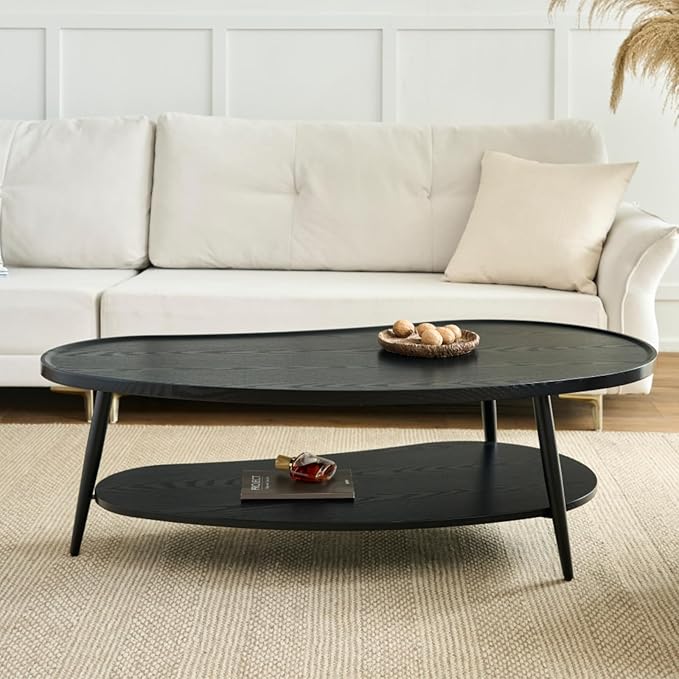 Saint Mossi Black Coffee Table for Living Room, Mid-Century Mango Shaped Wood Coffee Table, 2-Tier Center Table for Small Space, Black Board, D47xW23.6xH15