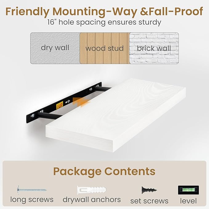 Fun Memories 40 Inch Floating Shelves in White, 9.3 Inch Deep Floating Shelf for Bathroom Living Room Kitchen, Rusitc Wall Mounted Bathroom Shelves 2 Pack, Heavy-Duty Deep Shelf for Books Decor