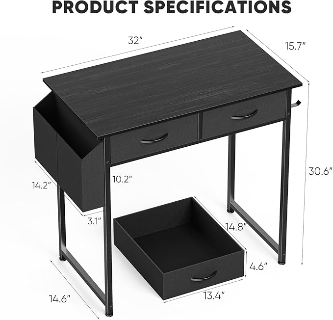 DUMOS 32" Home Office Computer Desk with Drawers, Small Gaming Writing Study Table with Storage Side Bag, Headphone Hook and Adjustable Feet for Bedroom Black