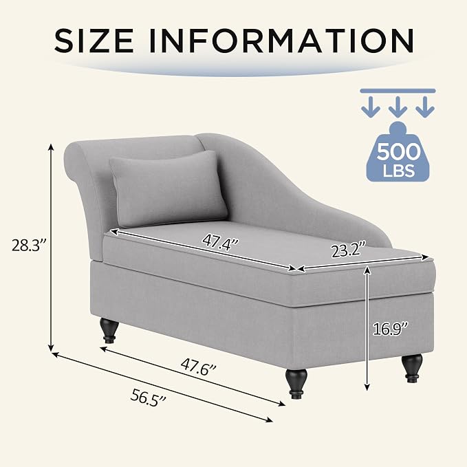 Chaise Lounge Chair Indoor with Storage, Upholstered Chaise Lounge with Left Armrest Recliner Sofa Chair for Living Room Bedroom Office Gray Chenille