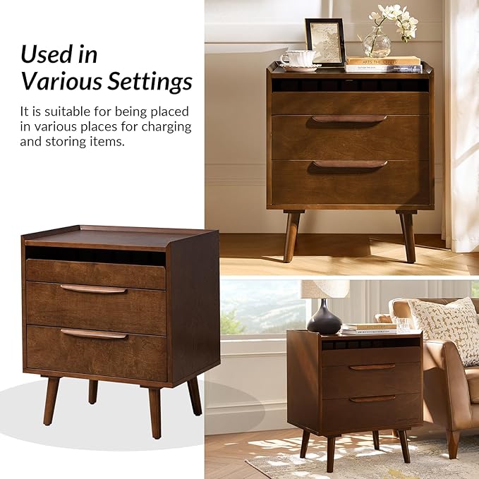 HULALA HOME 2 Drawer End Table with Pull-Out Shelf, Mid-Century Modern End Tables with Wood Legs, Wood Side Table with Charging Station(Walnut)