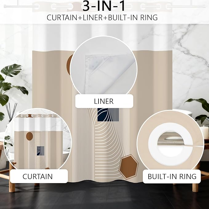No Hook Boho Shower Curtain with Snap in Fabric Liner Set, Abstract Geometric Design, Mid Century Style Waterproof Shower Curtains for Bathroom, 71x74 Inches
