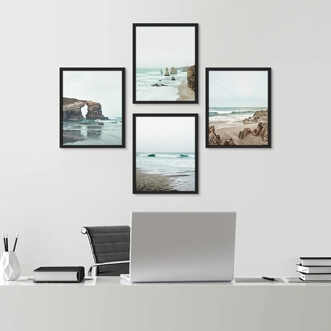 SIGNWIN Framed Rocky Storm Cloud Sky Beach Ocean Wall Art, Set of 4 Landscape Colorful Wall Decor Prints, Nature Wilderness Wall Décor for Living Room, Bedroom - 11"x14" Black