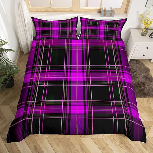 Erosebridal Geometric Plaid Grid Duvet Cover King Modern Checkered Tartan Bedding Set for Kids Teens Vintage Purple Black Comforter Cover Farmhouse Cabin Decor Bed Set, 2 Pillowcases