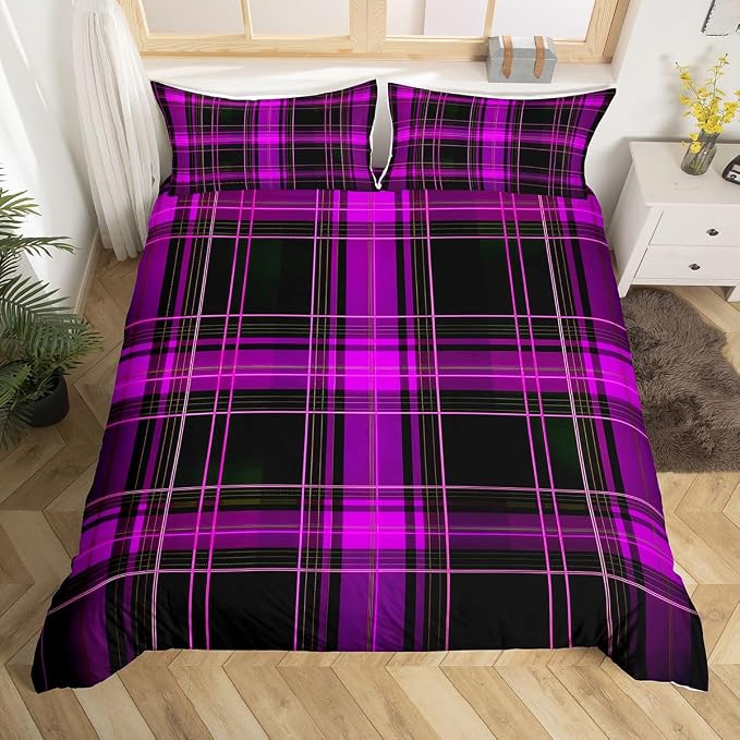 Erosebridal Geometric Plaid Grid Toddler Duvet Cover Modern Checkered Tartan Bedding Set for Kids Teens Vintage Purple Black Comforter Cover Farmhouse Cabin Decor Bed Set, 1 Pillowcase