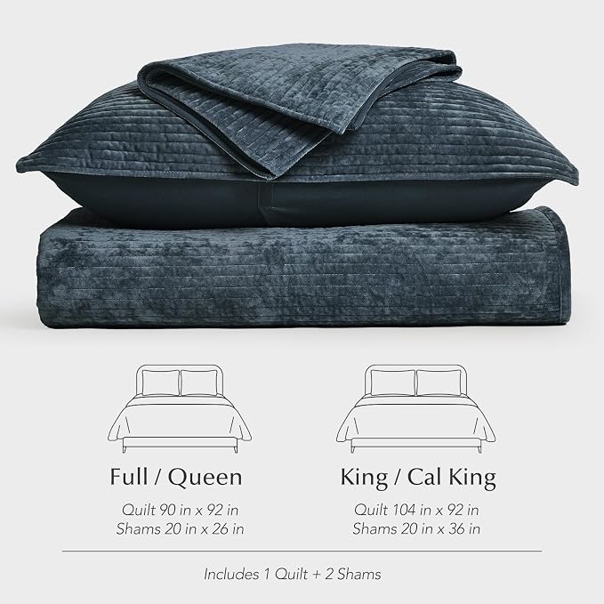 EverGrace Velvet Quilt Set King Size, Luxurious Soft Quilted Bedding Sets, Lightweight Velvet Comforter for All Season, Striped Channel Bedspread Coverlet with 2 Shams, Midnight Blue