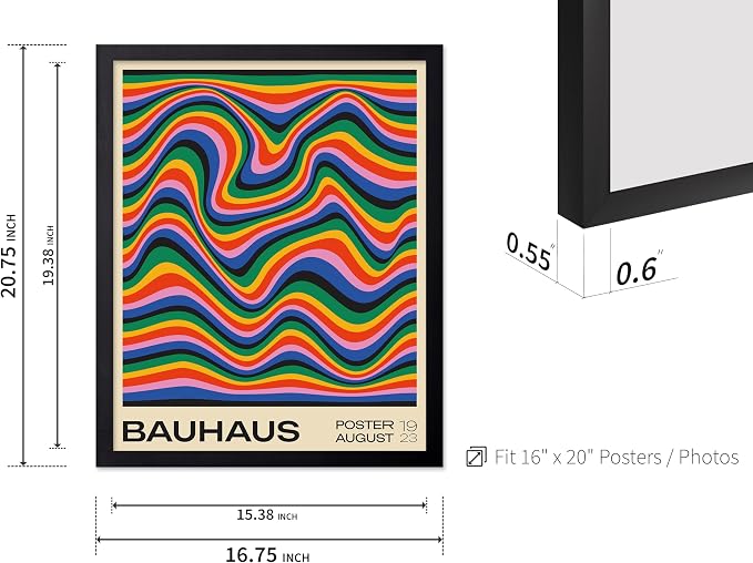 Poster Master Bauhaus Poster - Psychedelic Waves Print - Abstract ART - Rainbow ART - Groovy Style - Chic Boho - Mid Century Modern - Living Room or Bedroom Wall Decor - 16x20 Black Framed