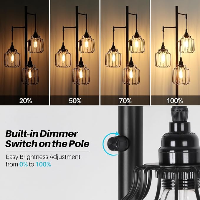 Dimmable Floor Lamp with 3 x 800LM LED Edison Bulbs,Tall Standing Lamp for Living Room,Farmhouse Black Corner Floor Lamp,Bright Industrial Rustic Vintage Tree Pole Light with Cage for Bedroom Office