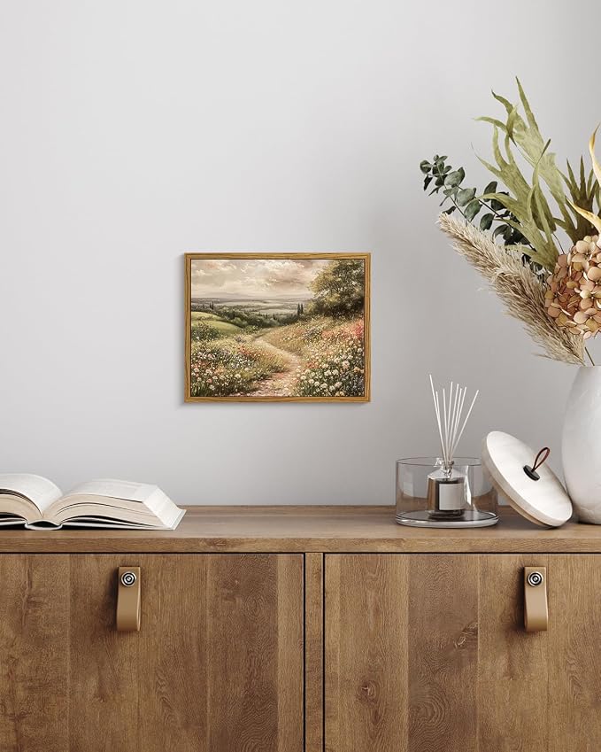 ARPEOTCY Vintage Framed Canvas Wall Art, Wildflower Field Landscape Wall Art for Living Room, Farmhouse Art Prints for Home Decor Aesthetic, Vintage Bathroom Bedroom Decor Aesthetic(8x10 Inch)