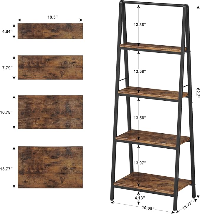 Homeiju Ladder Shelf, 4-Tier Leaning Ladder Bookshelf, Rustic and Wood Ladder Shelf Bookcase, Industrial Ladder Shelf Storage Rack for Home Office, Bedroom, Bathroom or Kitchen