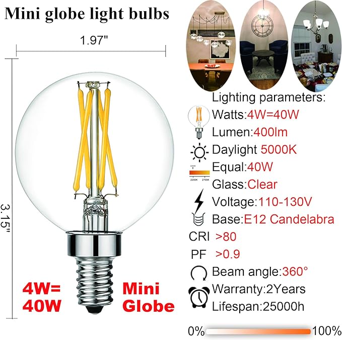 LiteHistory Dimmable e12 led Bulb g16.5 led Light Bulbs g16 Candelabra Bulbs 4W=40W Edison Bulb Daylight 5000K 400lm ac120v g50 Globe Light Bulbs for Chandelier,Vanity,Ceiling Fan Light Bulbs 6Pack