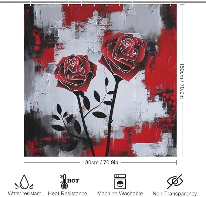 Red Rose Abstract Shower Curtain Nature Red Rose Floral Valentine's Day Artistic Waterproof Shower Curtains for Bathroom Decor 12 Pack Hooks 72x72in (183x183cm)