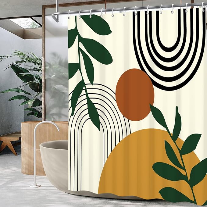 Boho Geometric Shower Curtain Beige Mid Century Abstract Arch Curve Bathroom Curtain Minimalistic Sun Shower Curtain Sets for Bathroom Extra Long 72x84 in with 12 Hooks