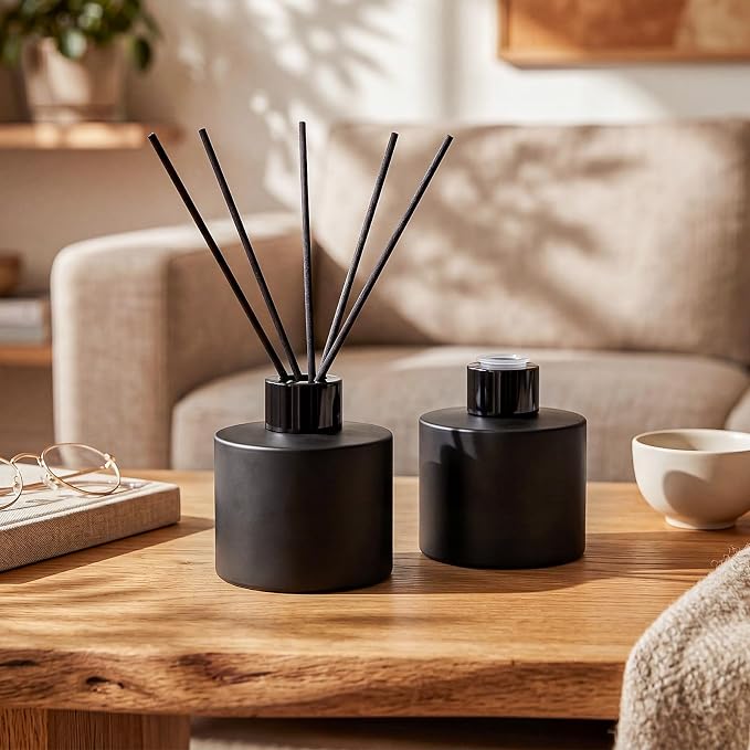 Chunful 10 Sets Black Reed Diffuser Bottle Empty Refillable Fragrance Glass Diffuser Bottles 100ml Round Glass Jars with Black Caps & Rattan Sticks for Living Room Home Replacement Fragrance DIY