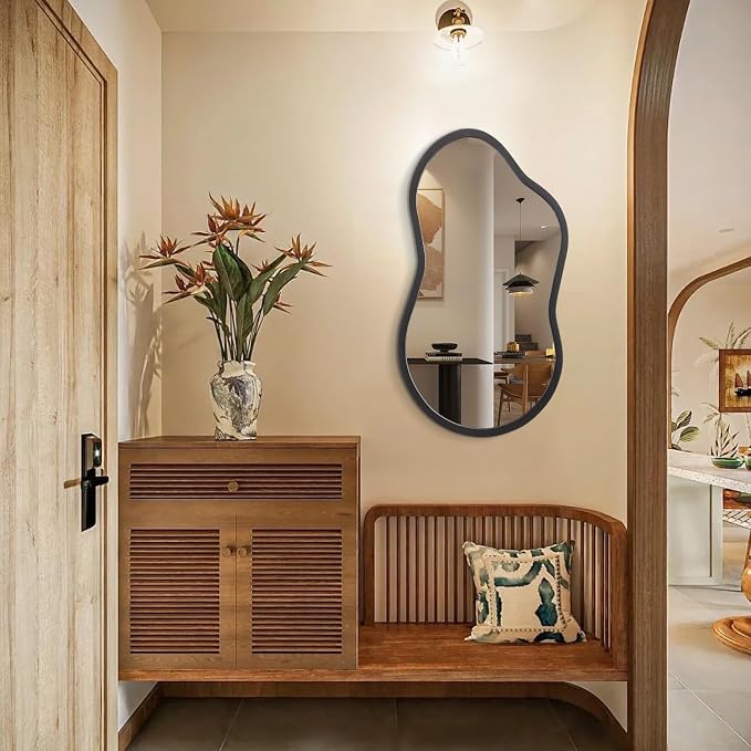 AAZZKANG Large Irregular Mirror 22"x12" Black Asymmetrical Wall Mounted Mirrors Decorative Wood Frame for Bathroom Bedroom Living Room Entryway
