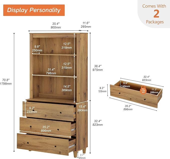 WAMPAT 71" Tall Bookcase with 3 Drawers & Open Shelves, Modern 3-Tier Bookshelf with Adjustable Shelf, Floor Standing Wooden Display Book Shelf for Home Office, Living Room, Bedroom, Oak Brown