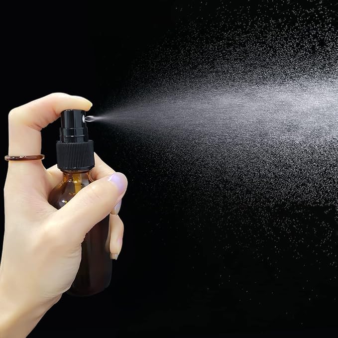 LUFEVRM 2oz Glass Spray Bottles,Empty Small Perfume Travel Refillable Reusable Fine Mister Spray Bottle for Hair,Cleaning Solutions,Aromatherapy and Essential Oil with Extra Nozzle (3 pack, Amber)